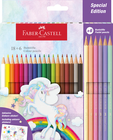 Colouring Pencils   Hexagonal Unicorn - Pkt x 18 Colours + 6 Pastel + Stickers