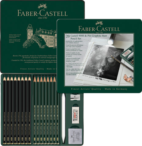 Pitt Graphite set MATT and Castell 9000 - Tin x 20 pieces
