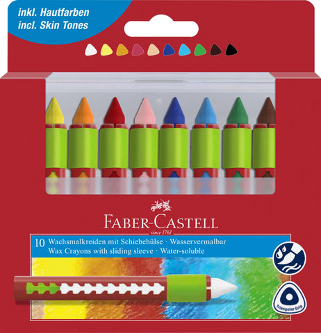 Assorted Wax Crayons w/Sliding Sleeve Water Soluble Grip - Plastic Case x 10 Colours