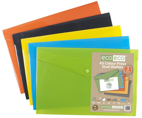 A3 Plastic Envelope File With Button ECO - Assorted Colours