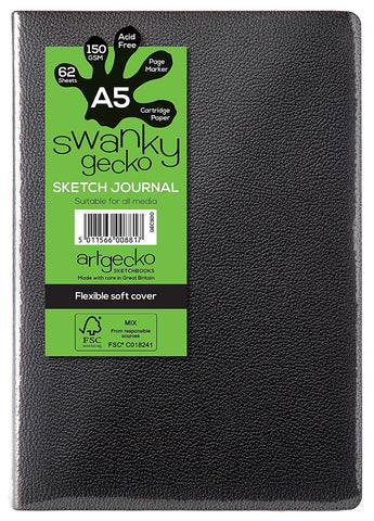 Sketch Journal Black Leather Swanky Gecko - 150gsm/A5 Portrait/62 sheets