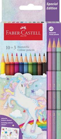 Colouring Pencils Hexagonal Unicorn - Pkt x 10 Colours + 3 Pastel + Stickers