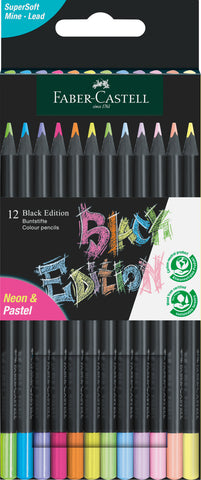 Black Edition NEON + PASTEL Colouring Pencils Triangular - Black wood/Supersoft lead Packet x 12