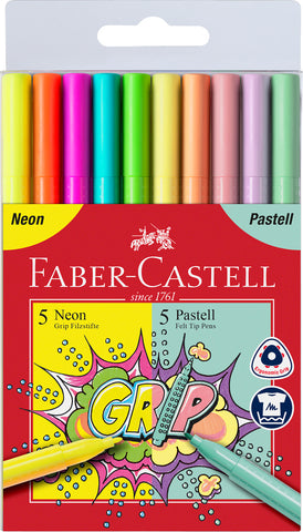 Fibre Tip Grip Colour Markers - Wallet x 10 Neon/Pastel Colours