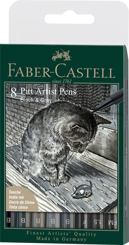 Pitt Artist Pens - Wallet X 8/Black & Grey Assorted Tips