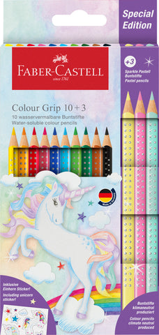 Unicorn  Grip Colour Pencils - Pkt x 10 colours + 3 Sparkle  + Stickers