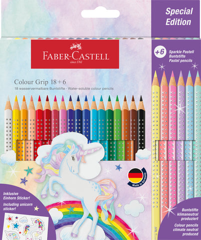 Colouring Pencils Grip Unicorn - Pkt x 18 colours + 6 Sparkle + Stickers