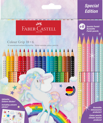 Unicorn  Grip Colour Pencils - Pkt x 18 colours + 6 Sparkle  + Stickers