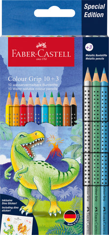 Colouring Pencils Grip - Pkt x 10 colours + 3/Dinosaurus Metallic + Stickers
