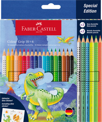 Colouring Pencils Grip - Pkt x 18 colours + 6 Dinosaurus  Metallic/Neon + Stickers