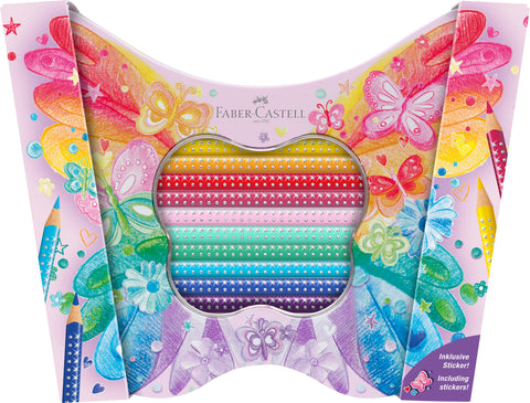 Colouring Pencils Grip SPARKLE BUTTERFLY - Tin Box x 20 Assorted Colours/sticker