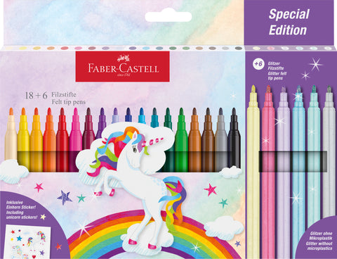 Felt Tip Pens Pkt x 18 + 6 + stickers - Unicorn