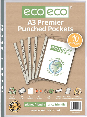 Eco-friendly A3 Multi Punched Pockets - Portrait Premier/Bag x 10 sleeves Clear