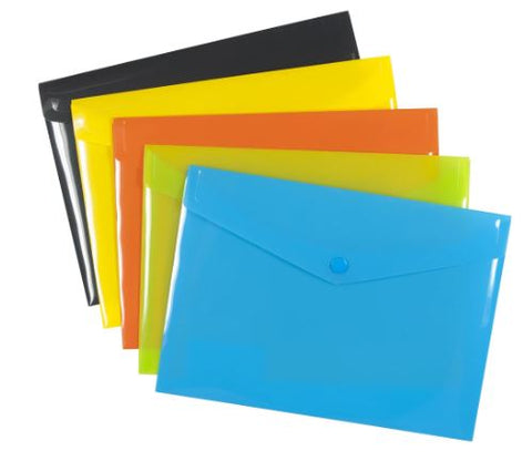 Eco-friendly A4 Plastic Envelope File With Button - 5 Assorted Colours