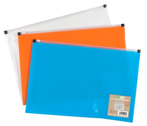 Eco-friendly A4+ Expanding Zip File - 180 microns/3 Assorted Colours