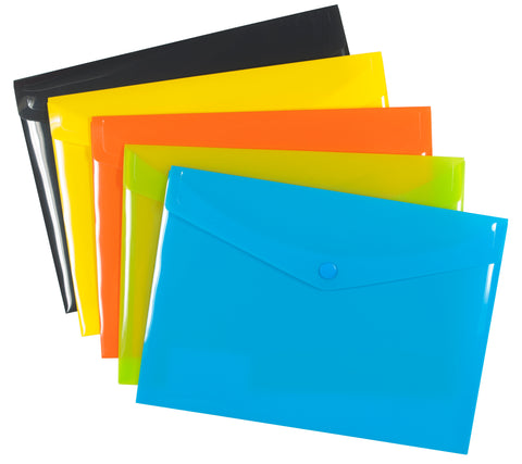 Eco-friendly A5 Plastic Envelope File With Button - 5 Assorted Colours
