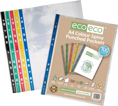 Eco-friendly A4 Multi Punched Pockets - Standard/Pkt x 100 sleeves/Coloured Spine