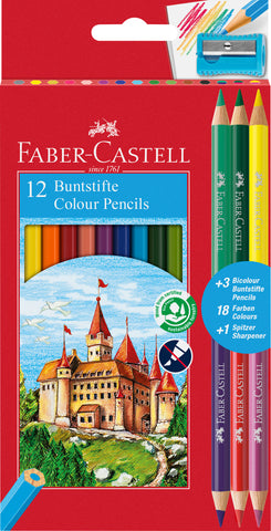 Colouring Pencils  Hexagonal - Pkt x 12 Assorted Colours + 3 Bi-color