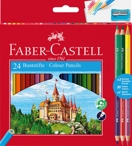 Colouring Pencils  Hexagonal - Pkt x 24 Assorted Colours + 3 Bi-color