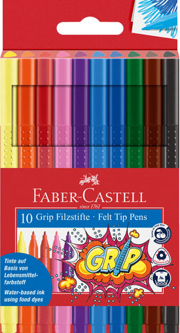 Faber-Castell Fibre Tip Grip Colour Markers - Wallet x 10 Assorted Colours