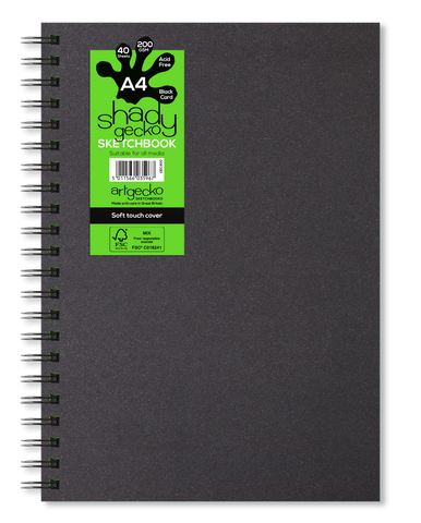 Sketch Book Spiral Shady Gecko - Soft Touch Black Cover/Jet Black Card/200gsm/A4 Portrait/40 sheets