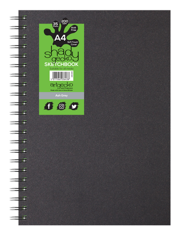 Sketch Book Spiral Shady Gecko - Soft Touch Black Cover/Ash Grey Card/200gsm/A4 Portrait/35 sheets