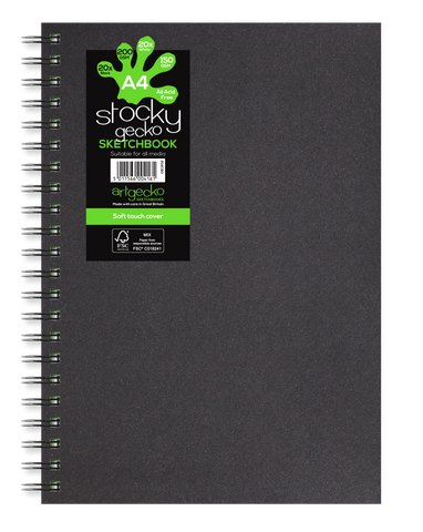 Sketch Book Spiral Stocky Gecko - Soft Touch Black Cover/A4 Portrait - 20 sheets/150gsm/White PLUS 20 sheets/200gsm/Jet Black