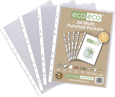 - Eco-friendly A4 Multi Punched Pockets - Standard/Pkt x 50 sleeves